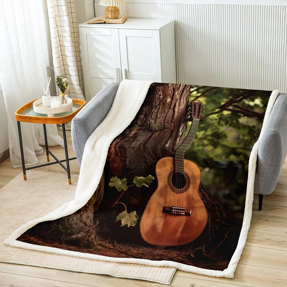 

Guitar Fleece Throw Blanket Music Themed Plush Sherpa Blanket for Sofa Couch Musical Pattern Retro Guitar Instruments Print Warm