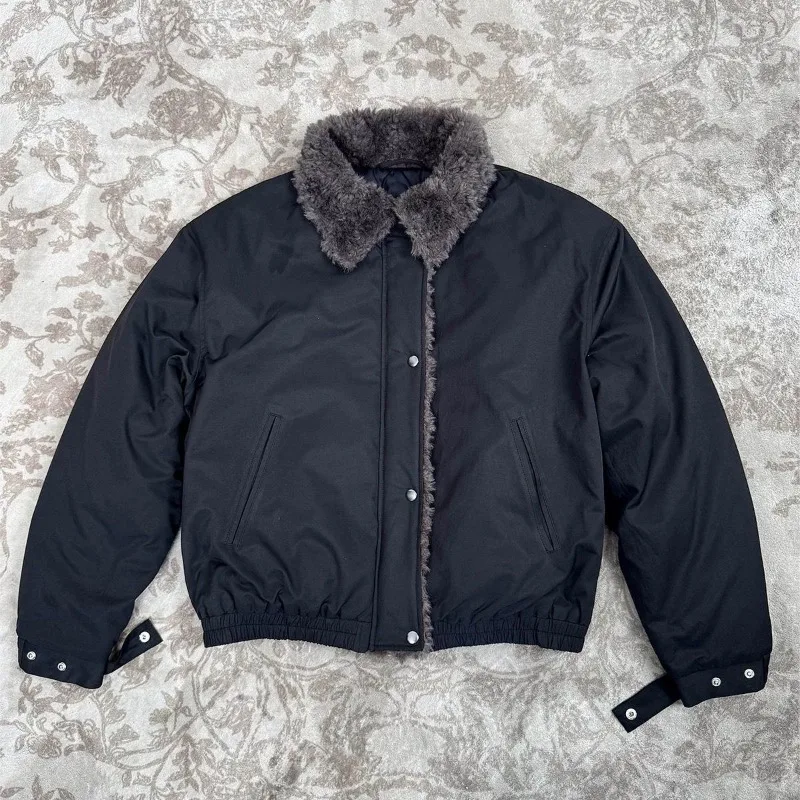 Męska kurtka Harajuku zimowa ciepła polarowa z futrzanym kołnierzem bawełniana kurtka w stylu amerykańskim gruba ocieplana odzież wierzchnia casualowa moda streetwear