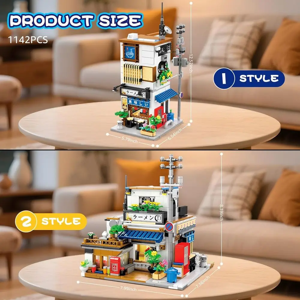 طقم بناء منزل رامين ياباني & Street View، 2 في 1 مع ضوء، معماري على الطراز الياباني، هدية مثالية للأعمار من 14 عامًا فما فوق