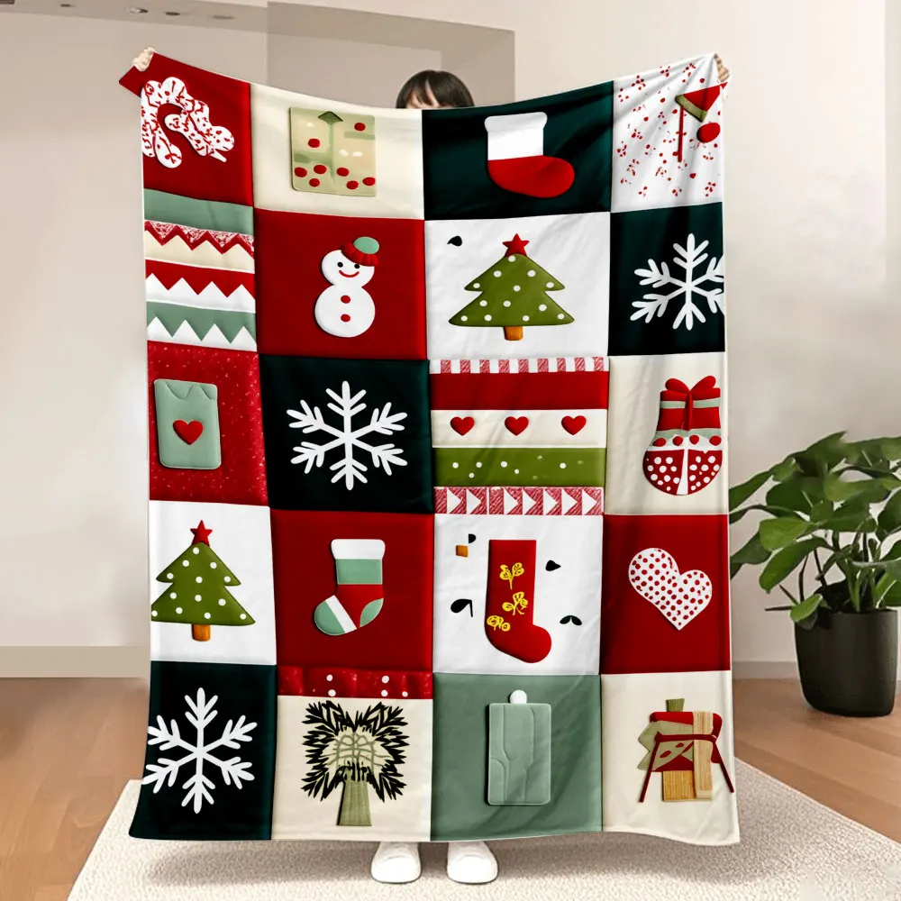 Weihnachts-Wandteppichdecke – gemusterte quadratische Fliesen mit Strümpfen, Schneeflocken, Bäumen und Herzen, rote/dunkelgrüne/beige Hintergründe,