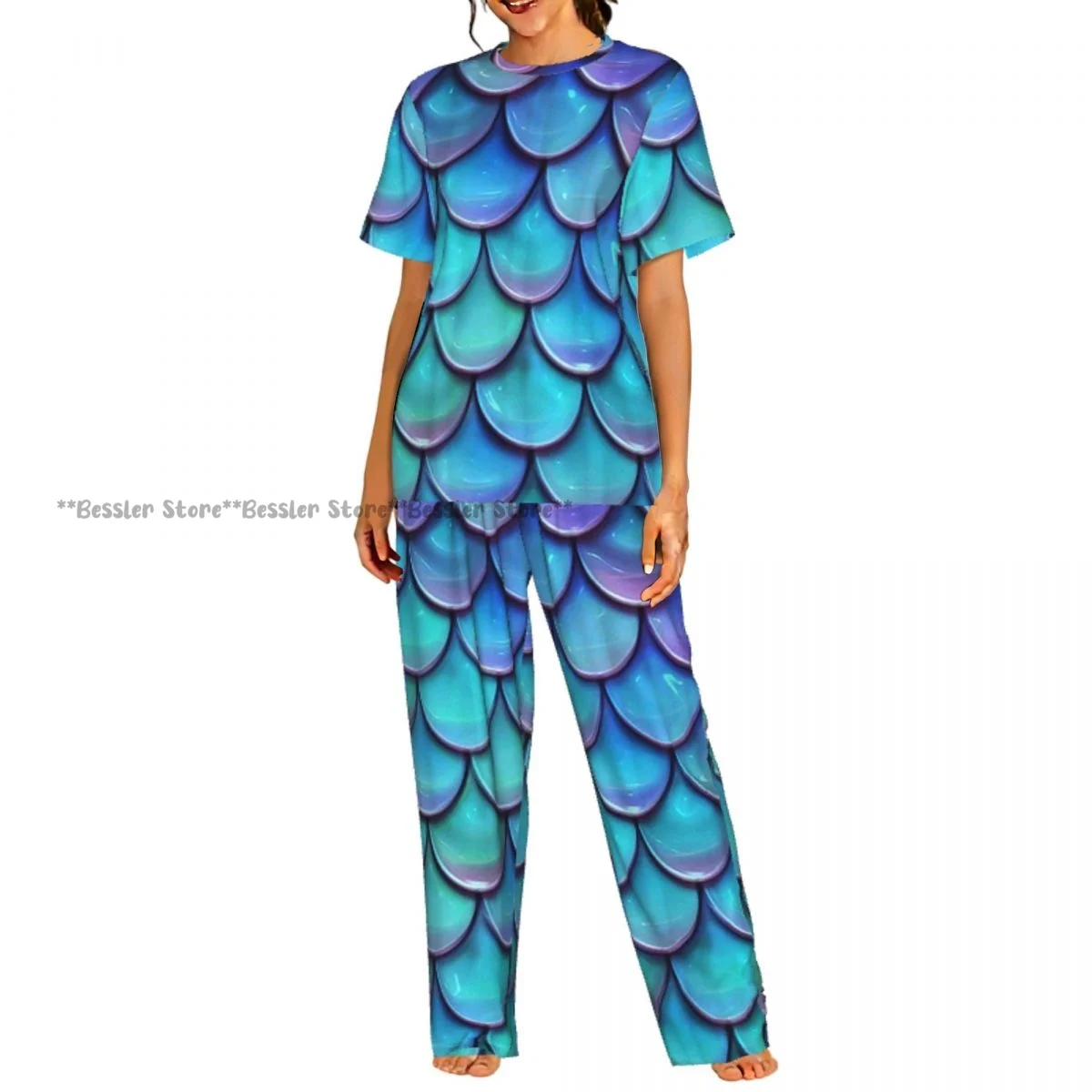 

Женский пижамный комплект с коротким рукавом, с принтом в виде рыбьей чешуи, бирюзовый, 2 предмета, для дома и отдыха