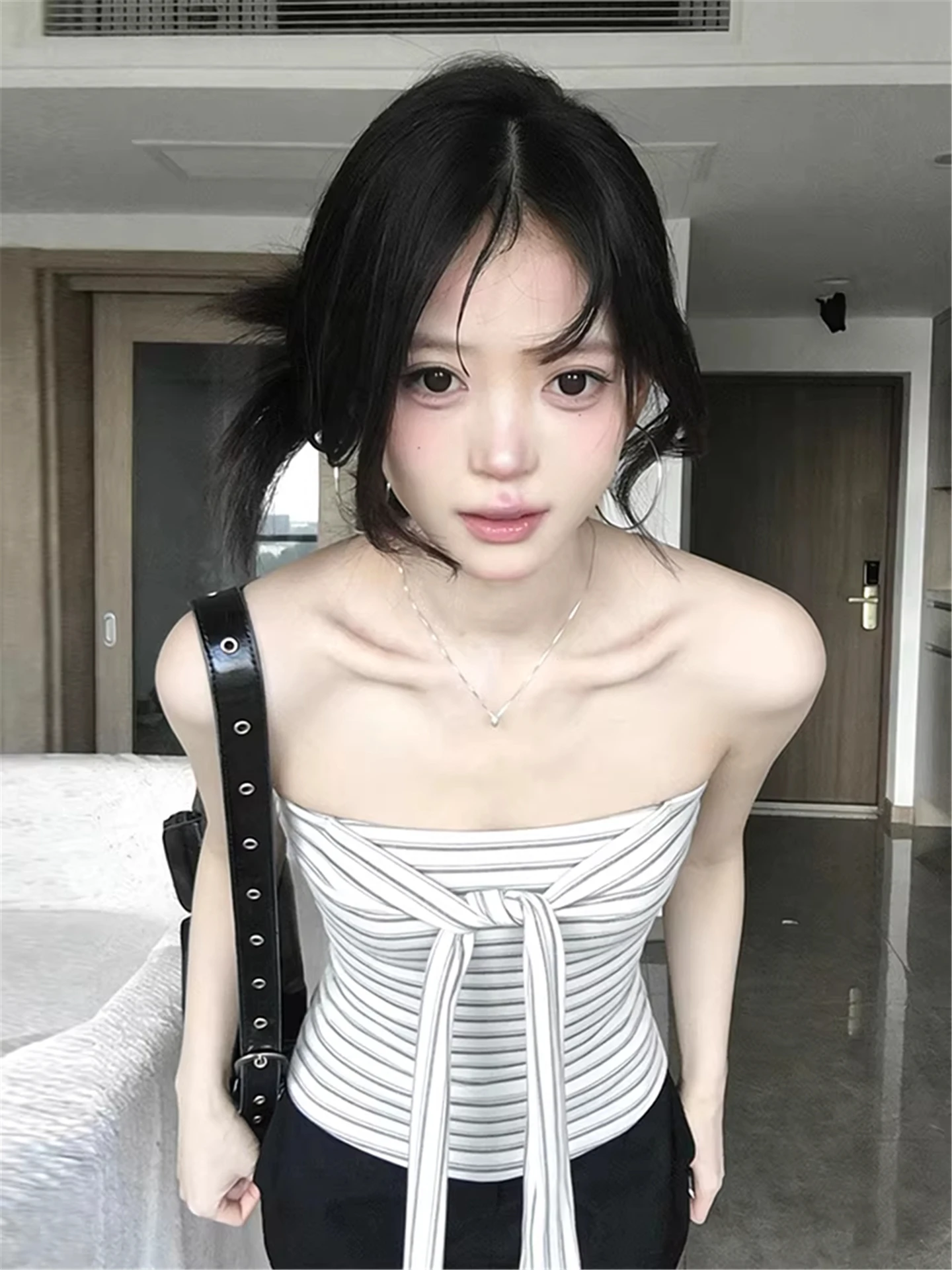 Korean Style Long Sleeve Wrap Neck Two Piece Set Women's Spring Striped Tube Top Slimming Sexy Top Breathable Comfortable Ski...