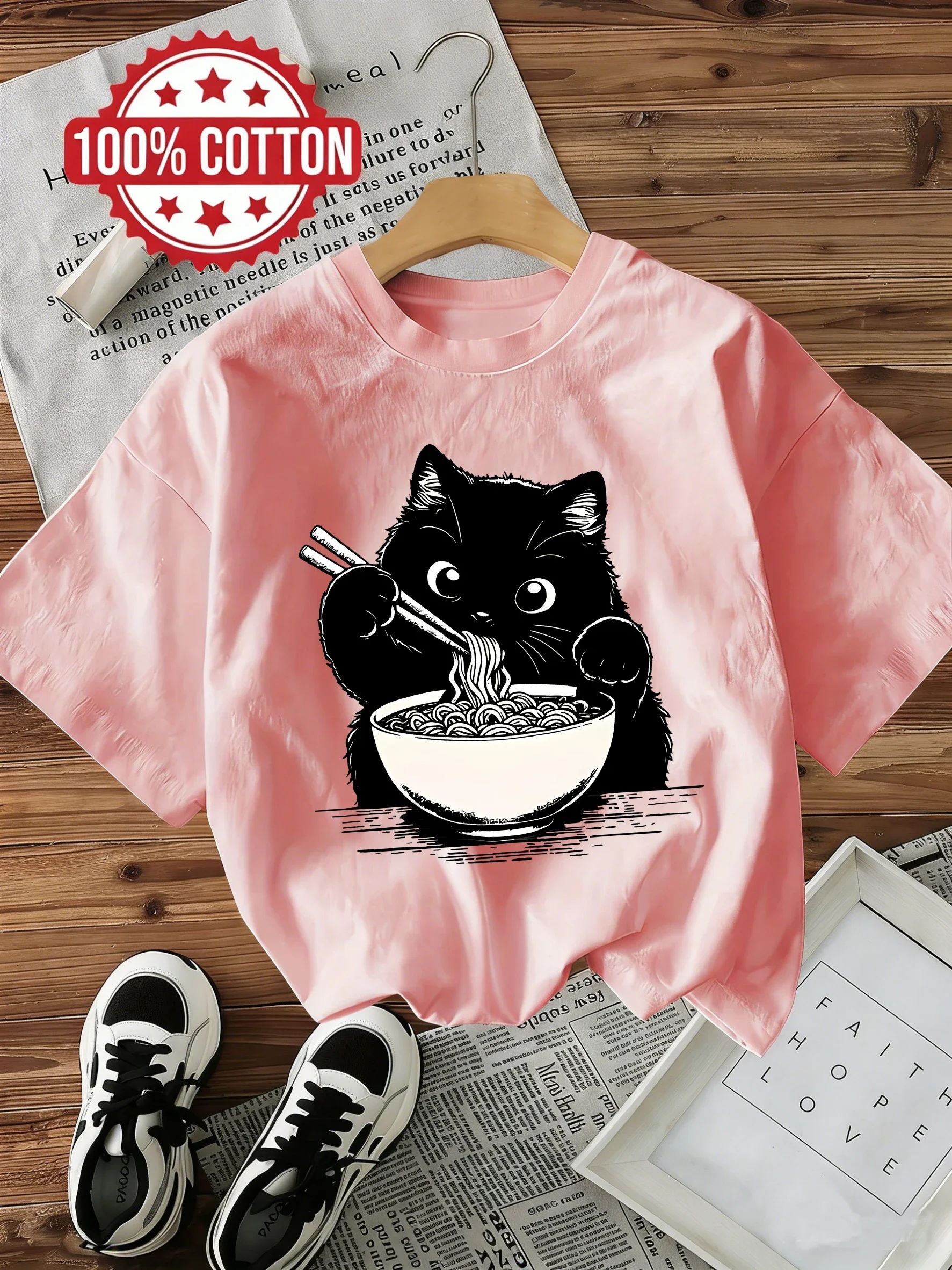 Trendy 100% Cotton T-Shirt Women's Japanese Style Noodle Ramen Cat T-Shirt Graphic Short Sleeve Crew Neck Top Shirt Casual