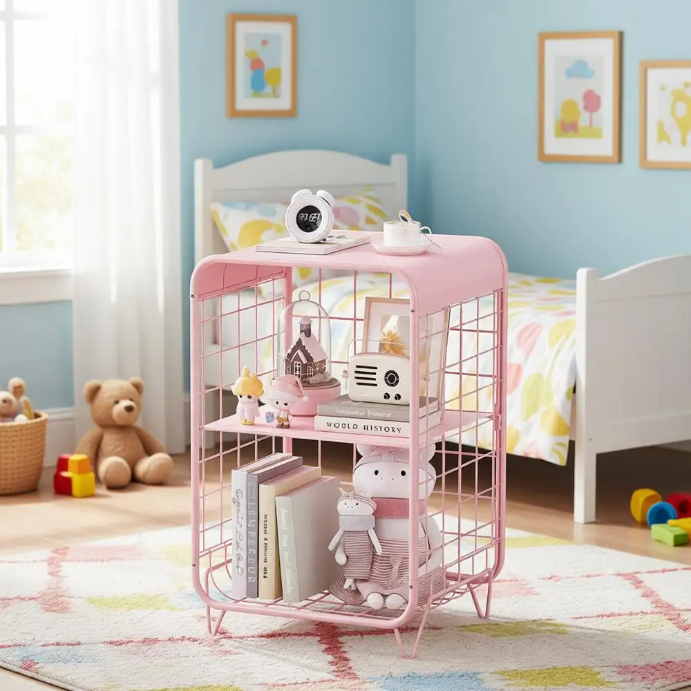 

Розовая металлическая 3-ярусная тумбочка с местом для хранения для спальни девочки, гостиной или общежития