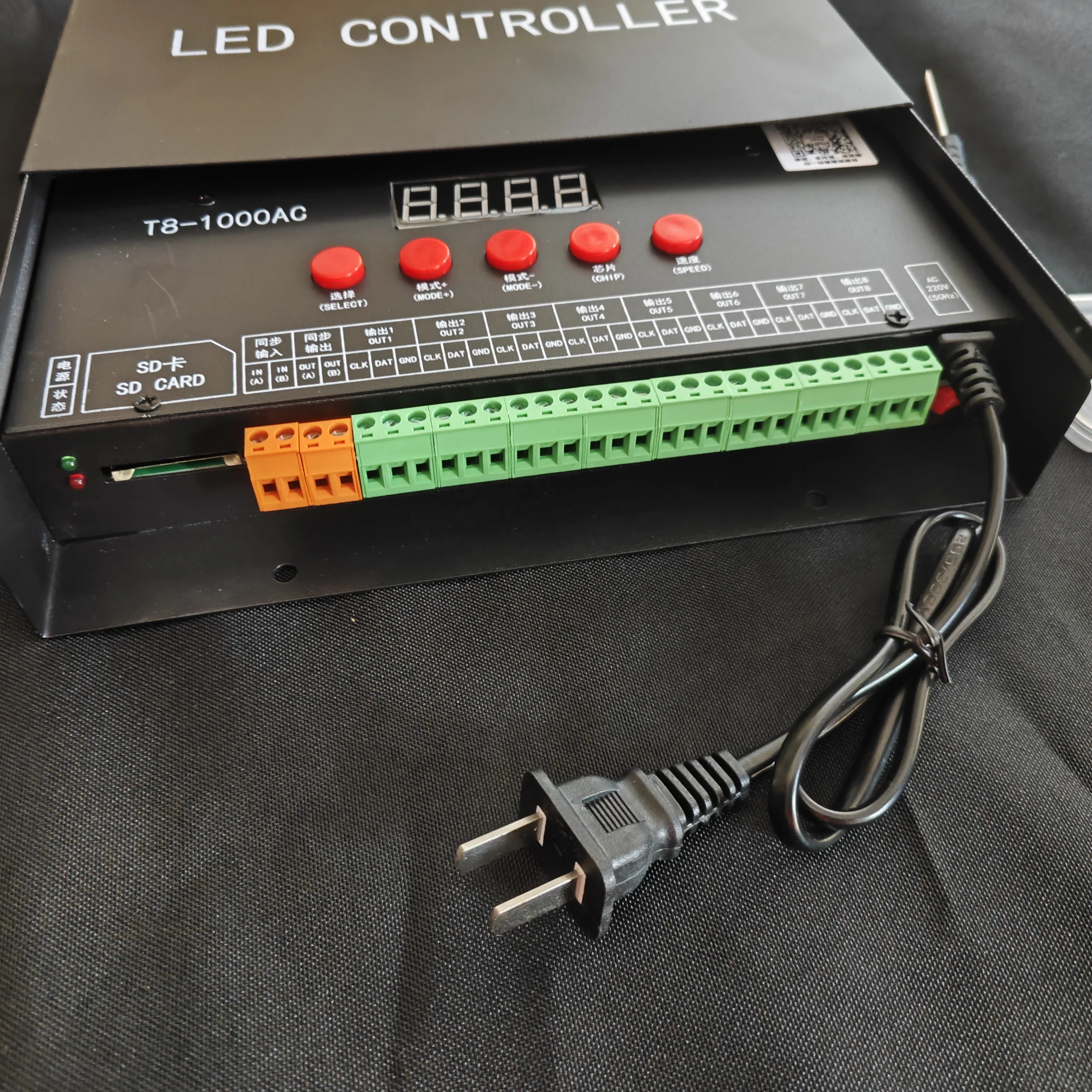 T8-1000AC Programmable Pixel LED Controller 8 CH Digital Strip Dimmer with SD Card & WS2812 Sk6812 for Addressable Neon Lights