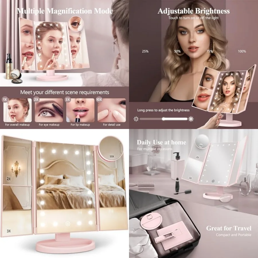 

HUONUL Makeup Mirror, Vanity Mirror with Lights, 2X/3X/10X Magnification, Touch Control, Trifold, Dual Power Supply, Birthday G