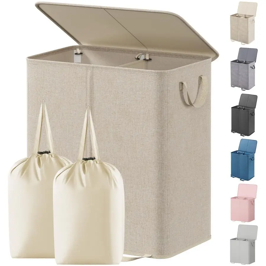 

Double Laundry Hamper with Lid and Removable Laundry Bags, Large Collapsible 2 Dividers Dirty Clothes Basket with Handles for Be