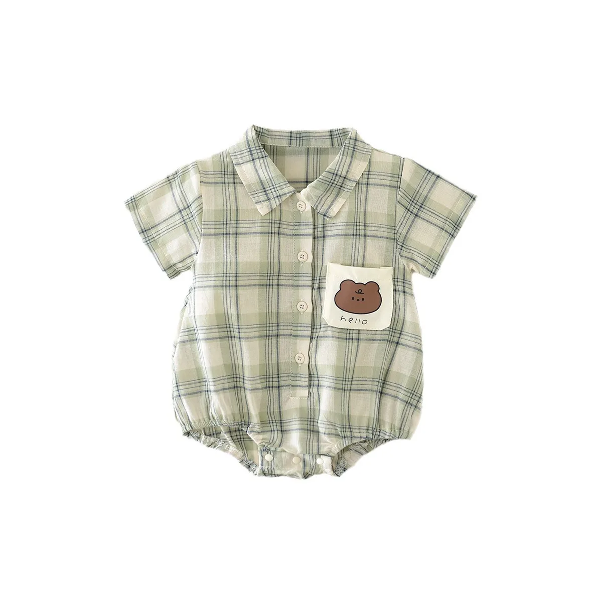 Summer Cute Green Plaid Infant Baby Bodysuits and Rompers Short Sleeve Linen Breathable Babe Boys and Girls One Piece Outfit