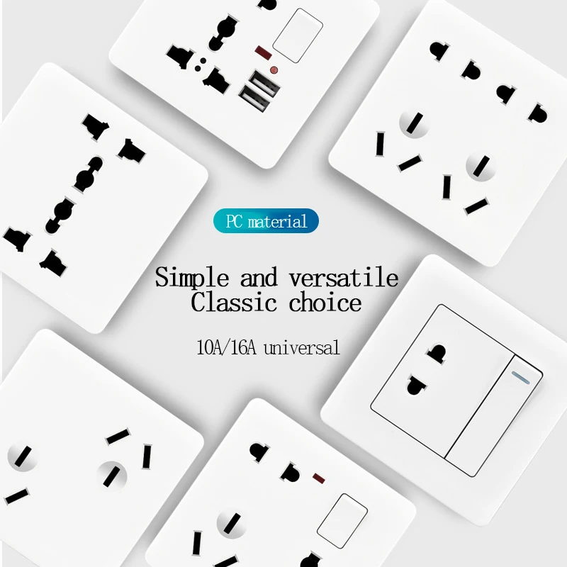 86 Type Universal Ten Holes 1Gang Multifunctional Three Eight Holes High Power 16A White Southeast Asian Wall Switch Socket