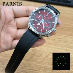 Parnis 40mm Red Dial Quartz Chronograph Men's Watch Black Rubber Strap Men Waterproof Sports Watches Gift Clock