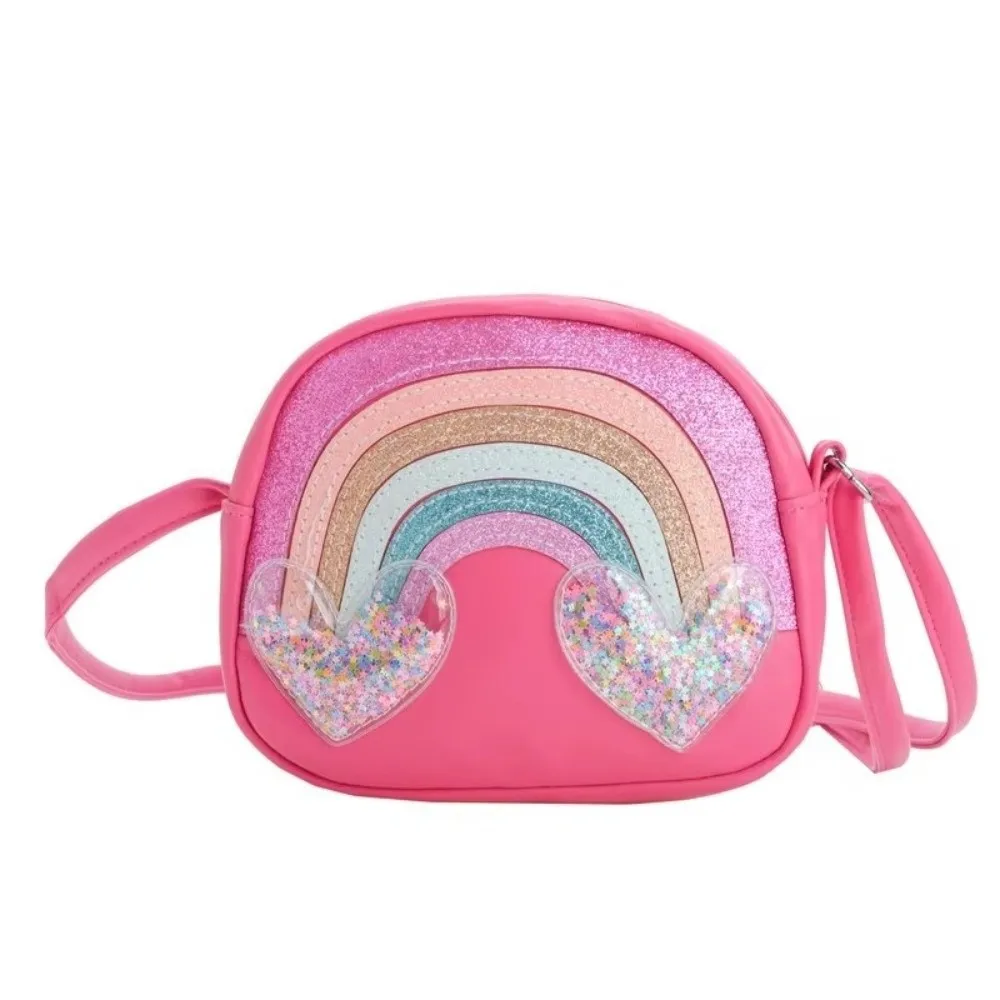 Cute PU Leather Shoulder Bags Rainbow Heart Sequins Print Coin Purse Portable Clutch Style Children Purse For Girls