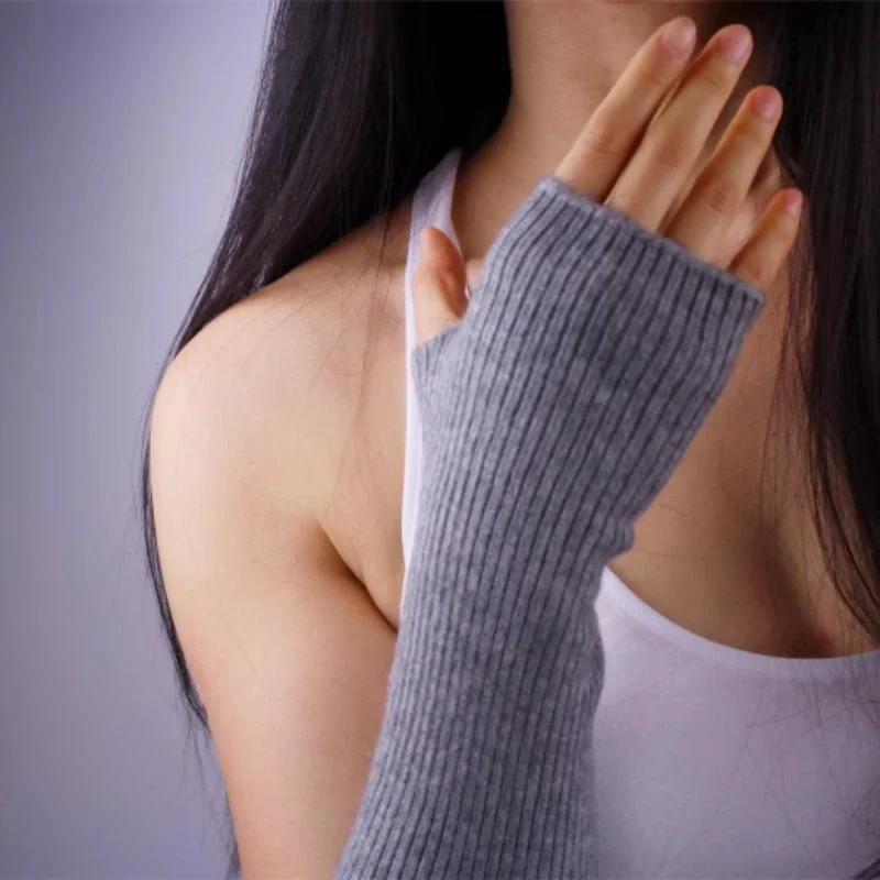 Women's Cashmere FINGERLESS GLOVES Gray Half Finger Mittens Winter Arm Warmer Elbow Long Opera Wristlet Cosplay Driving Glove