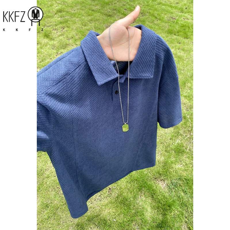 Men Waffle Knit Polo Short Sleeve Shirt Lapel Collar Partial Button Placket Oversized Silhouette For Summer Daily Street Wear