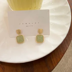 New Feminine Style Short 925 Silver Needle Gold Plated Imitation Hetian Qingyu Earrings Geometrically Simple Gold Earrings