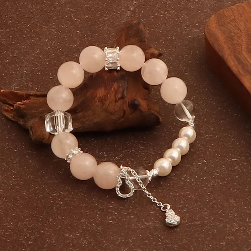 

Minar Elegant Pink Crystal Natural Stone CZ Zircon Circle Bottle Gourd Imitation Pearl Tassel Elastic Strand Bracelets for Women