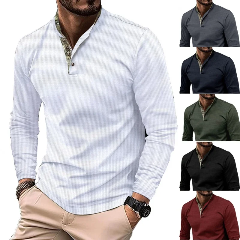 GZMS-2024Waffle Spring and Autumn New MenPOLOShirt Double Layer Stand Collar Stitching Long Sleeve