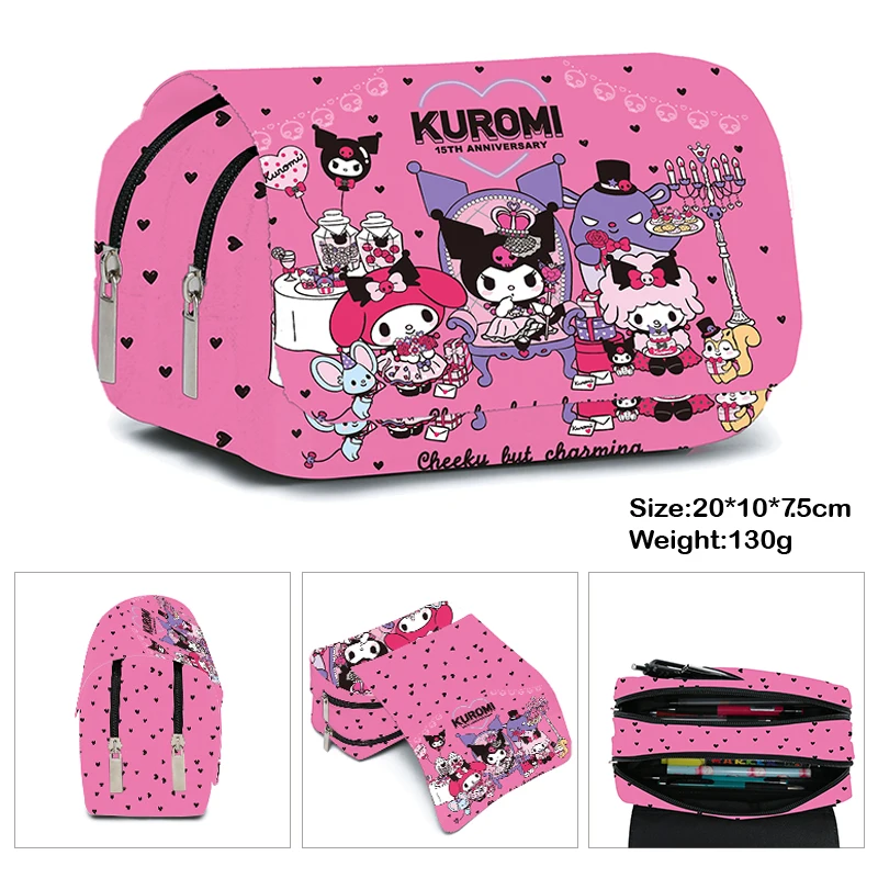 Bolsa de lápices de doble capa con estampado Kuromi, bolsa de lápices de dibujos animados para estudiantes de primaria y secundaria, regalos para niños