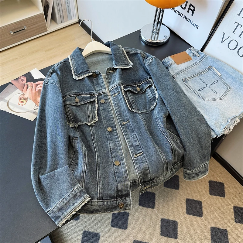 

American Style Vintage Denim Jacket Women Spring Autumn New Lazy Style Loose Distress Lapel Coats Single Breasted Pockets Tops