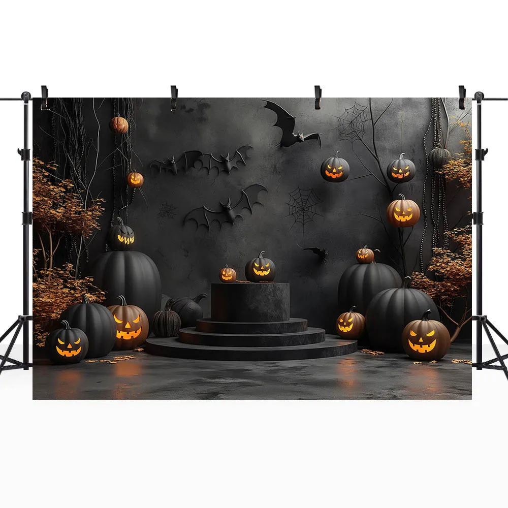 Mocsicka fondo de fotografía de Halloween, pared negra oscura, suelo, calabaza malvada, murciélago, Horror, decoración de fiesta, utilería de fondo de foto para niños