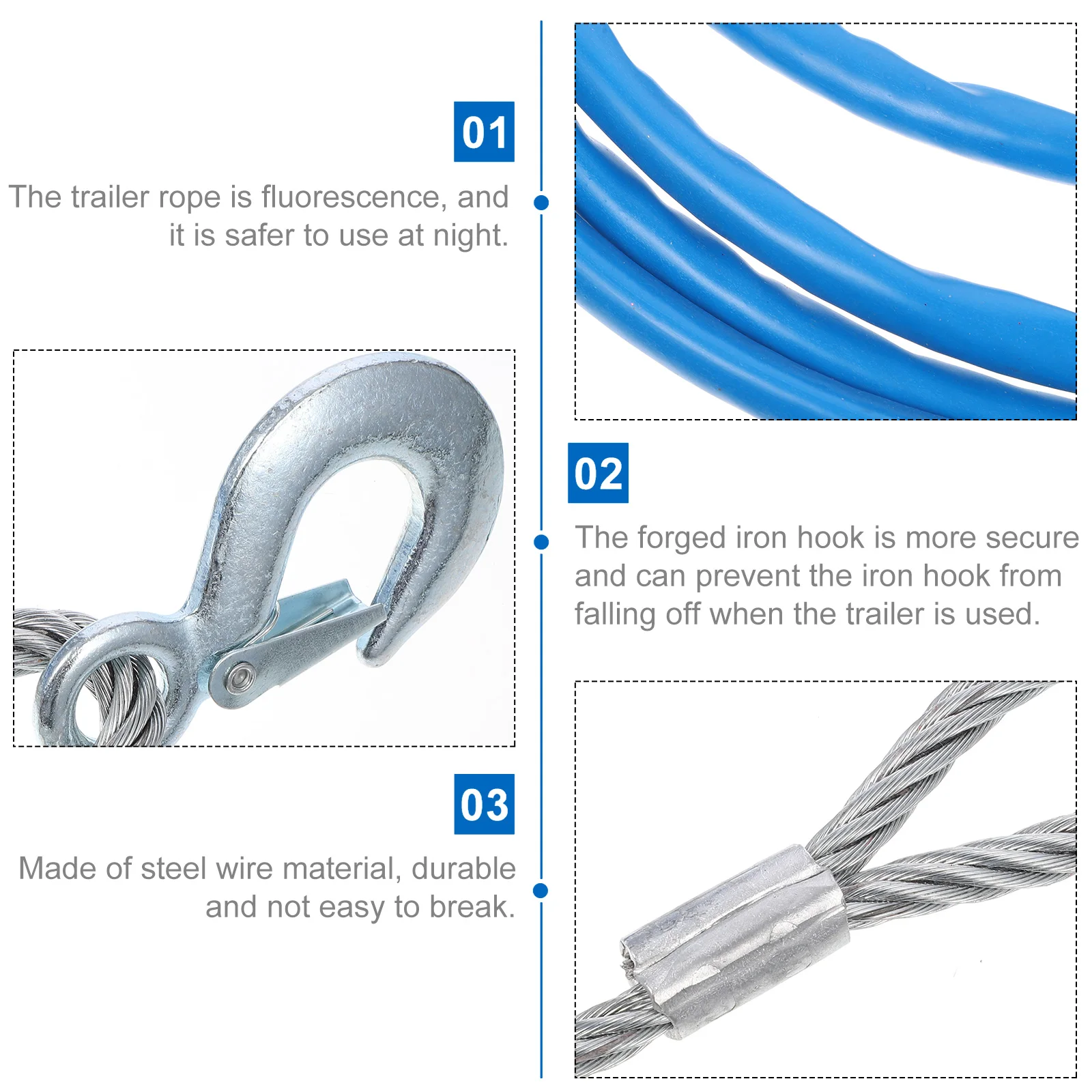 

Traction Rope Trailer Hauling with Hooks Tow Super Strong Sturdy Steel Wire Car