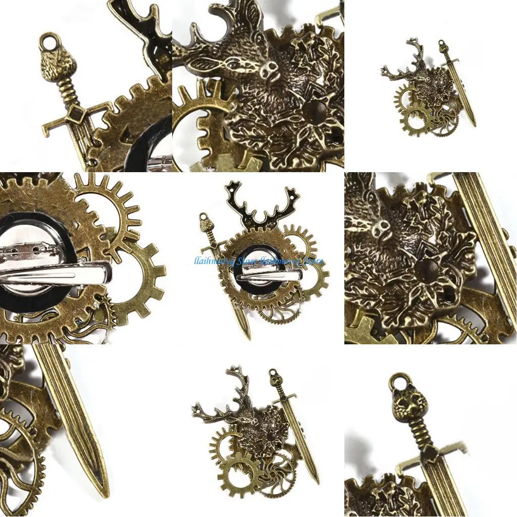 

573B Metal Brooch Pin Lapel Pin Suit Tie Brooch Steampunk Hair Clip for Women Men Coat Hats Jewelry Accessory