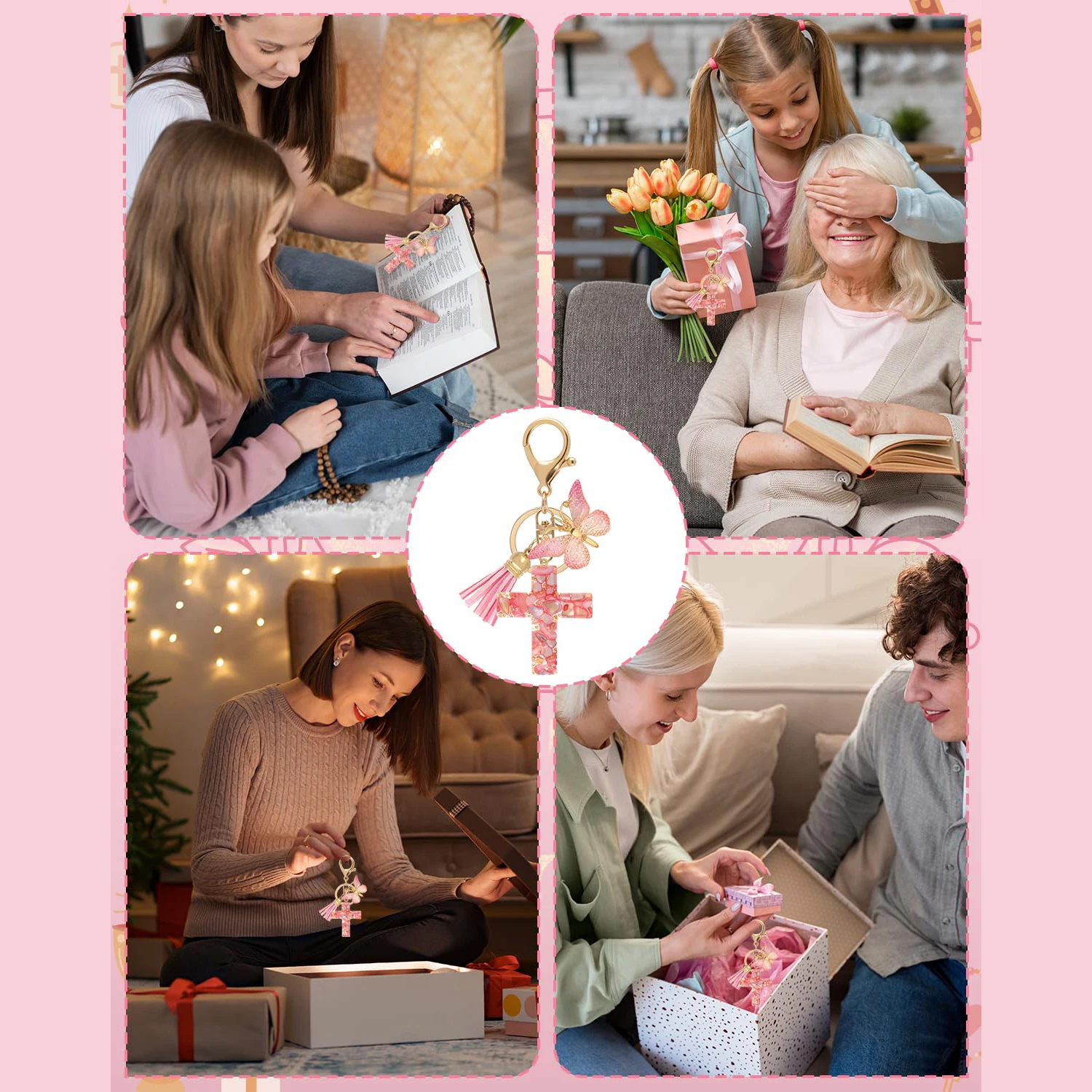 12Pcs Artistic Resin Cross Keyring - 3D Butterfly Design, Women's Bag Pendant, Blessing Keepsake Gift