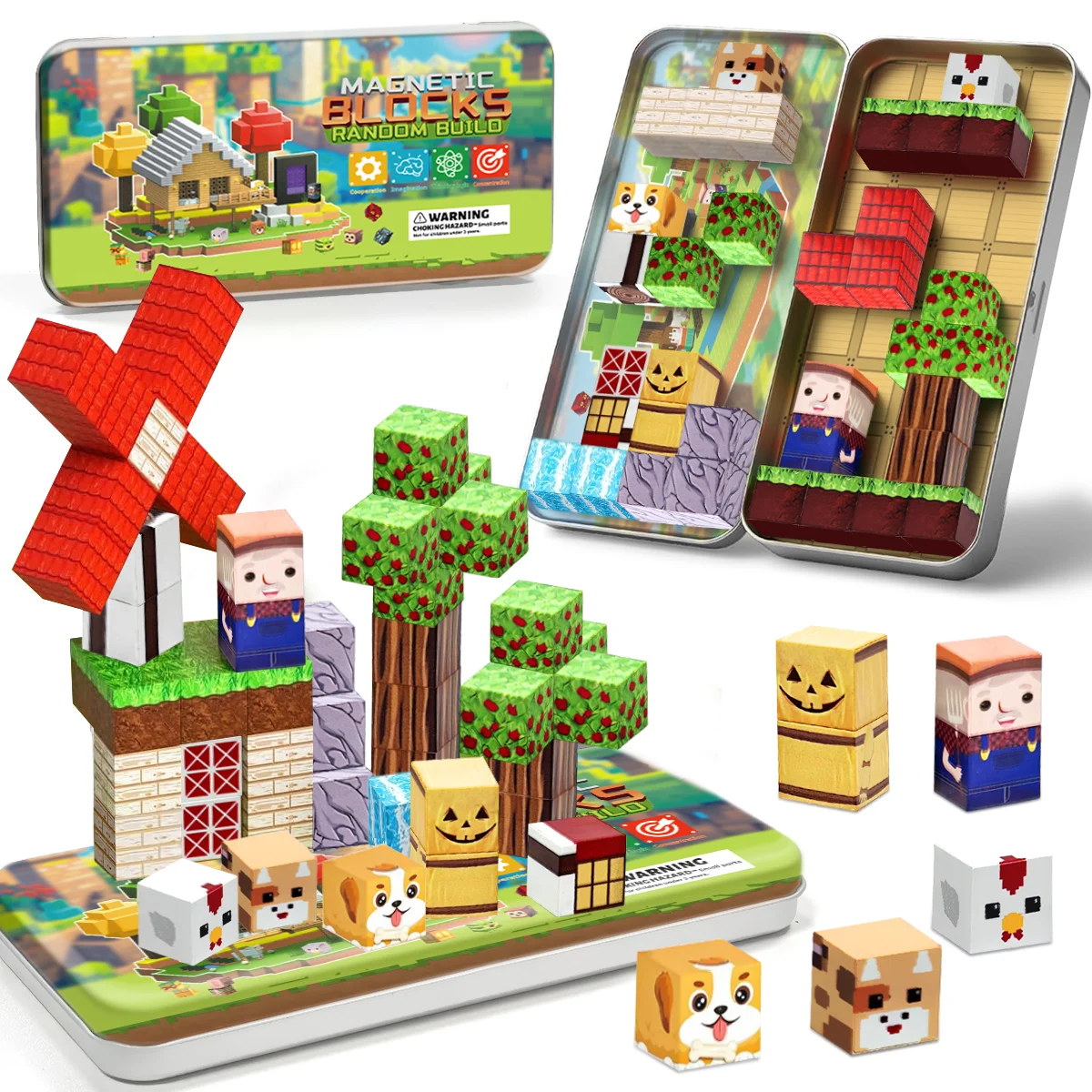 35 قطعة اللبنات المغناطيسية مجموعة المزرعة لعمر 3 + DIY نموذج الأطفال الجذعية لعبة حسية تعليمية مع صندوق حديد