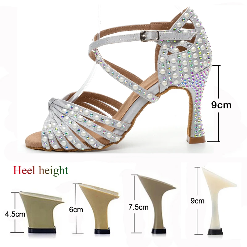 Latin Dance Shoes Women's Salsa Tango Ballroom Party Women's Shoes Silver Rhinestone Dance Heels Summer Outdoor Sneakers