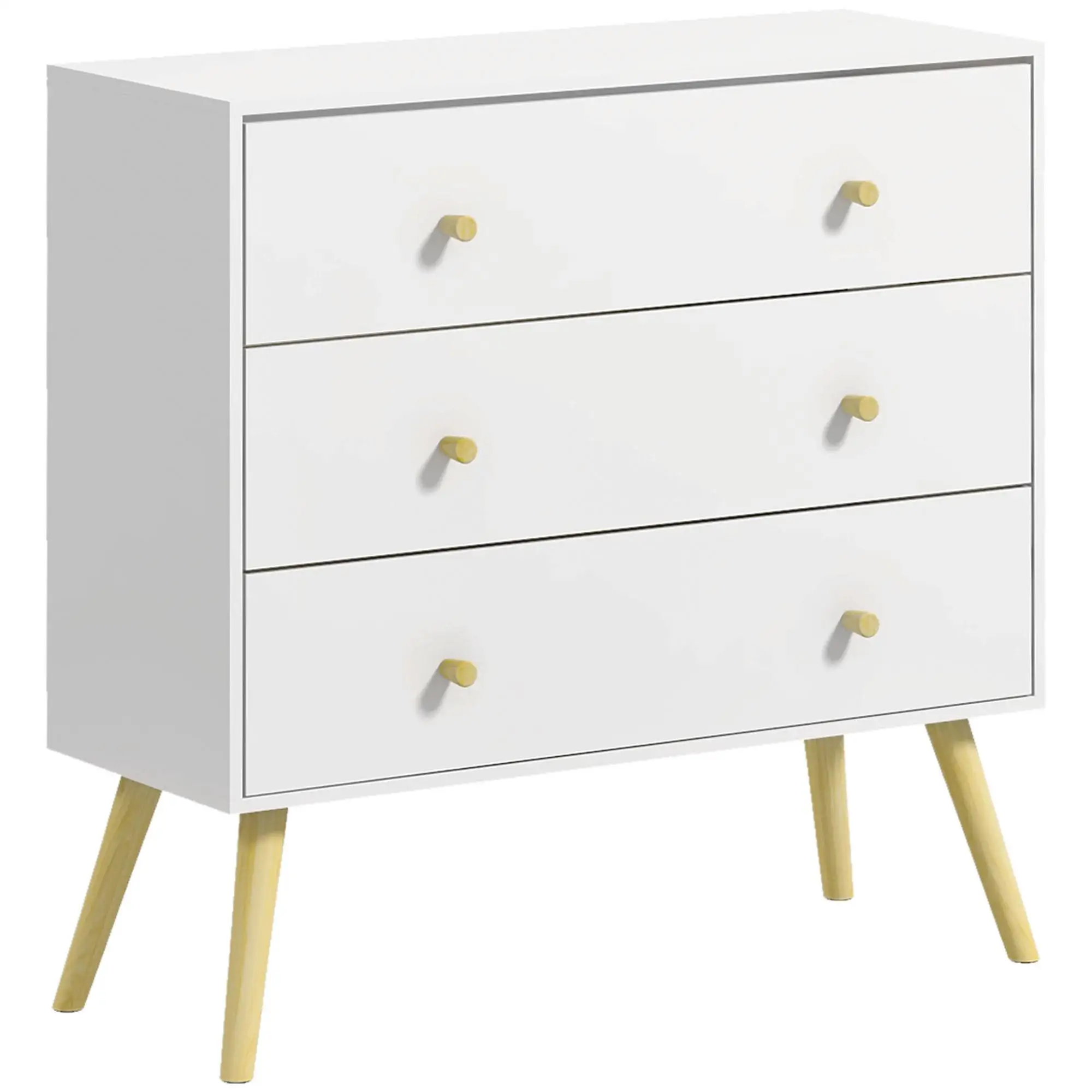 Commode avec pieds en pin 3 tiroirs mélaminé blanc 80x30x80 cm pour chambre/salon