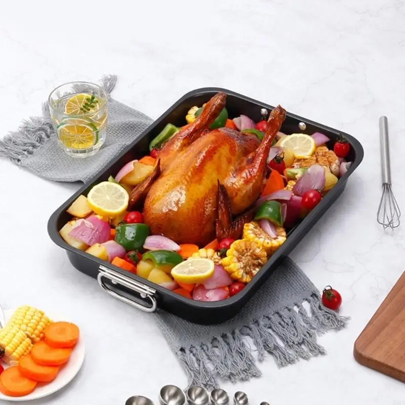 Heavy Duty Roasting Pan 15Inch Carbon Steel Baking Tray with V-Shape Grill Roasting Rack Turkey Roaster Pan for Cooking 55KF