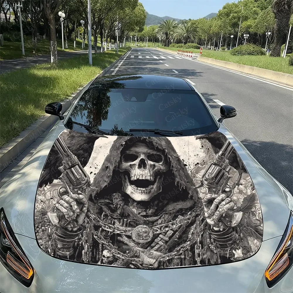 Skeleton Gunner Car Hood Vinyl Sticker Wrap - Fit Hood/Engine Cover Decal, Durable Paper-like Protective Film, Motorcycle, Auto