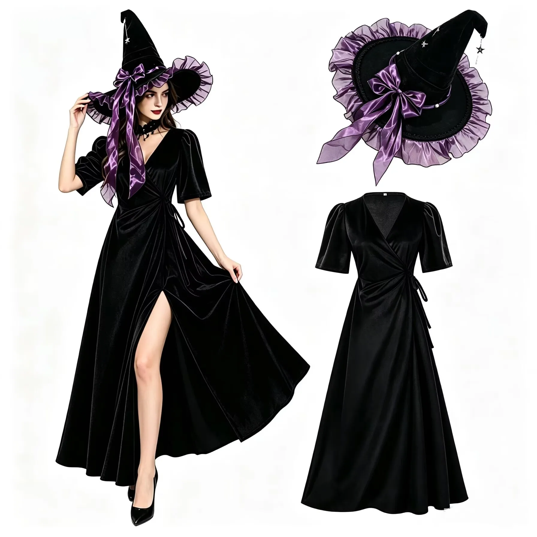 Halloween Witch Velvet Wrap Dress V-Neck Short Sleeve Evening Gown Suitable for Wedding Party Cosplay Costume