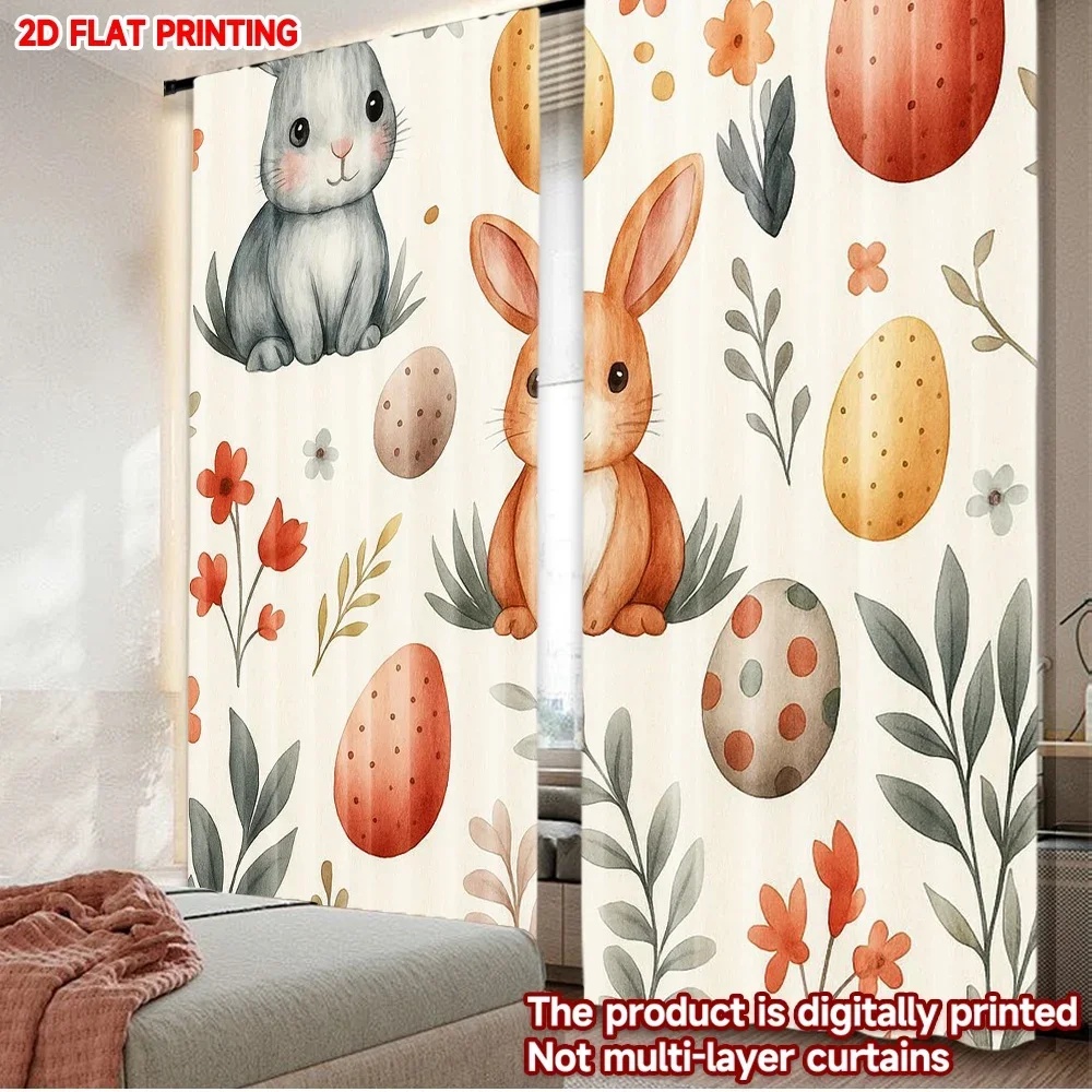 

2pcs Easter Bunny with Painted Eggs Curtains, 2D Printing Spring Theme Design,Pastel Color Animal Floral Pattern for Living Room