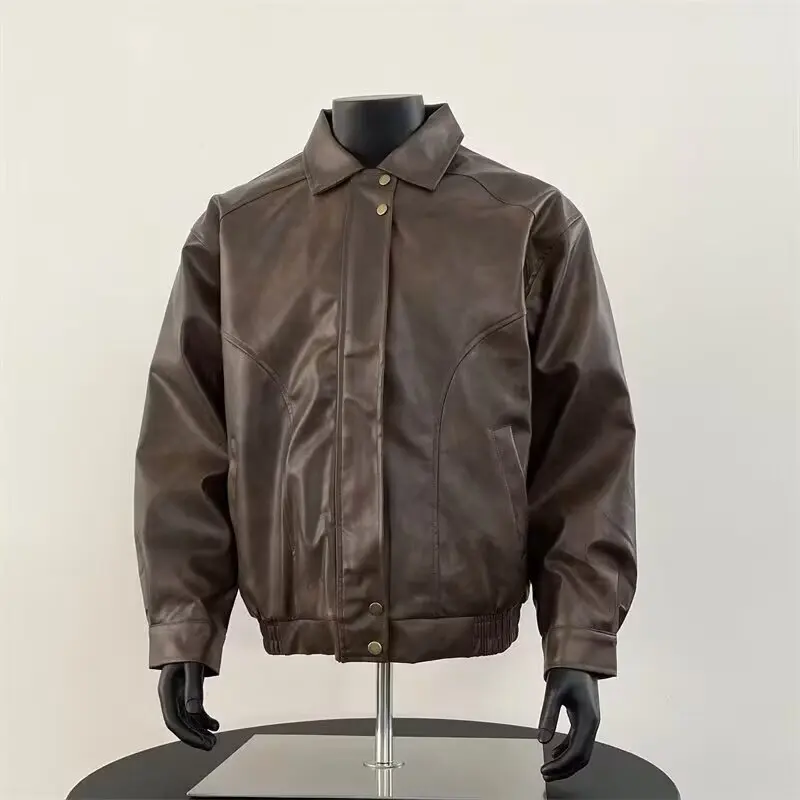 

Мужская демисезонная куртка из искусственной кожи в американском стиле, с отложным воротником, байкерская, повседневная, с длинными рукавами, стандартный крой