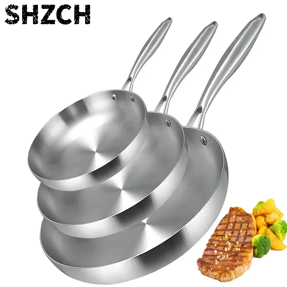 Sartén antiadherente de acero inoxidable 304, olla para bistec frito, utensilios de cocina sin recubrimiento para estufa de Gas