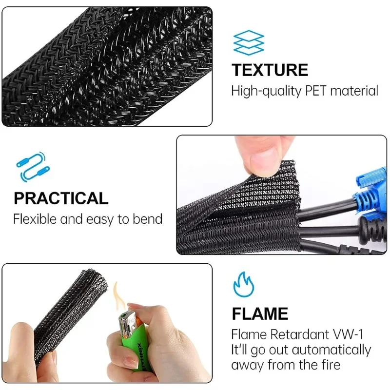 3ft Expandable Braided Cable Sleeve Line Organizer PET Self Closing Insulated Flexible Pipe Hose Wire Wrap Protector Universal