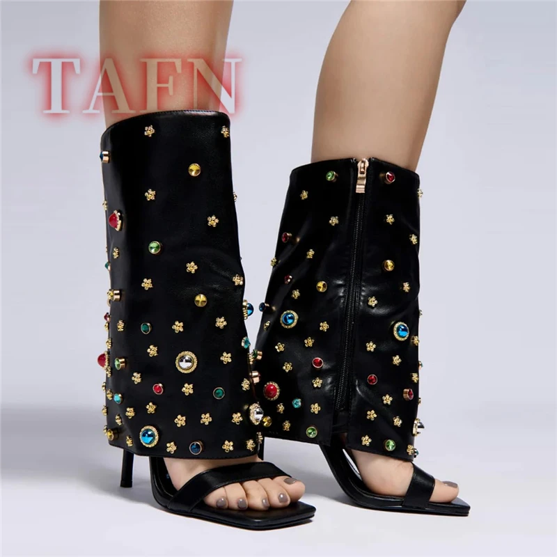 Embellished Fold Over Sandal Boot Open Toe Mid-calf Boot Rhinestone Gemstone Stiletto Sandal Squared Open Toe Ankle Boots 35-44