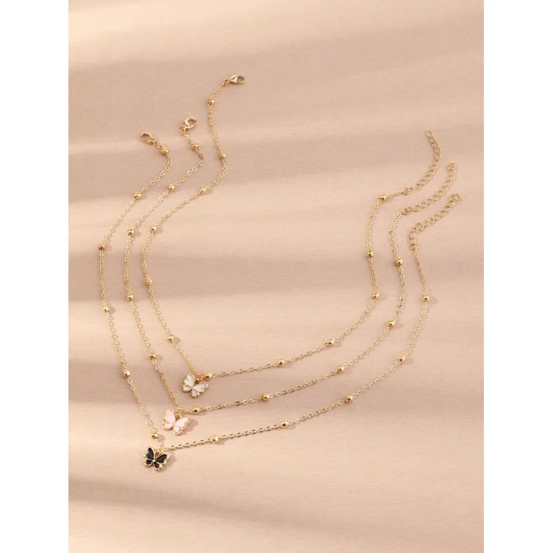 3pcs Butterfly Pendant Necklace – Colorful Beads, Random Count for Daily Style.