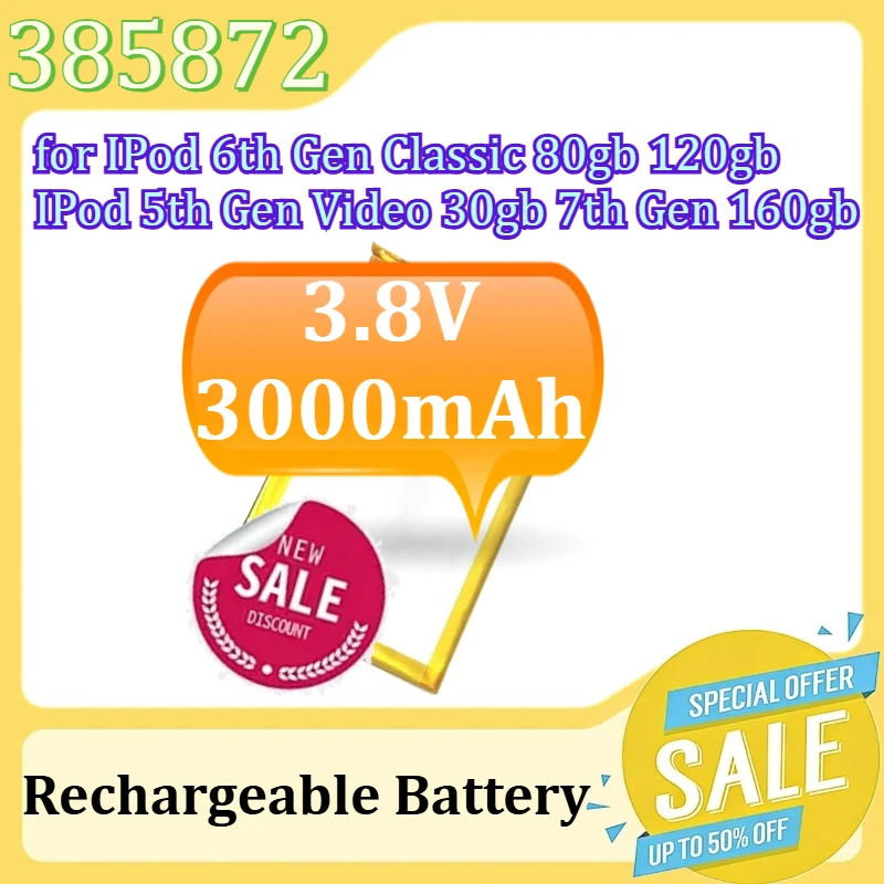 

385872 for IPod 6th Gen Classic 80gb 120gb IPod 5th Gen Video 30gb 7th Gen 160gb Batteries SSD HD Upgrade Battery 3.8V 3000mAh