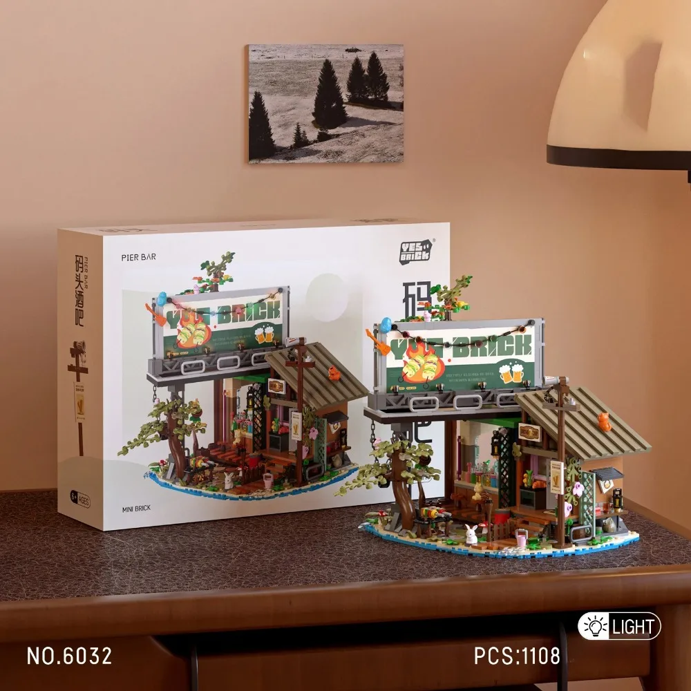 Blocs de construction de maison en bois de pêcheur, cabine forestière créative, briques à assembler MOC, jouets éducatifs pour enfants, cadeau de noël