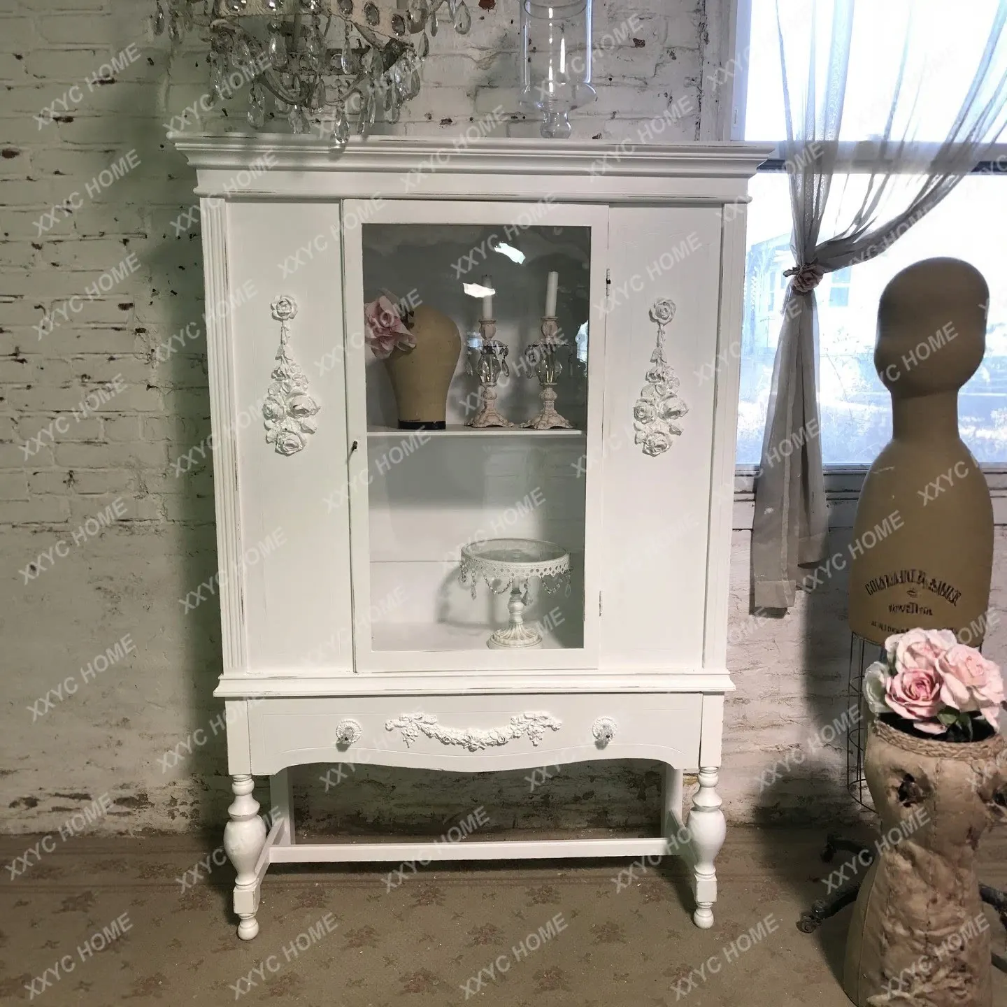 Solid wood carving flower glass wine cabinet retro multi-functional storage locker dining side cabinet wall display cabinet