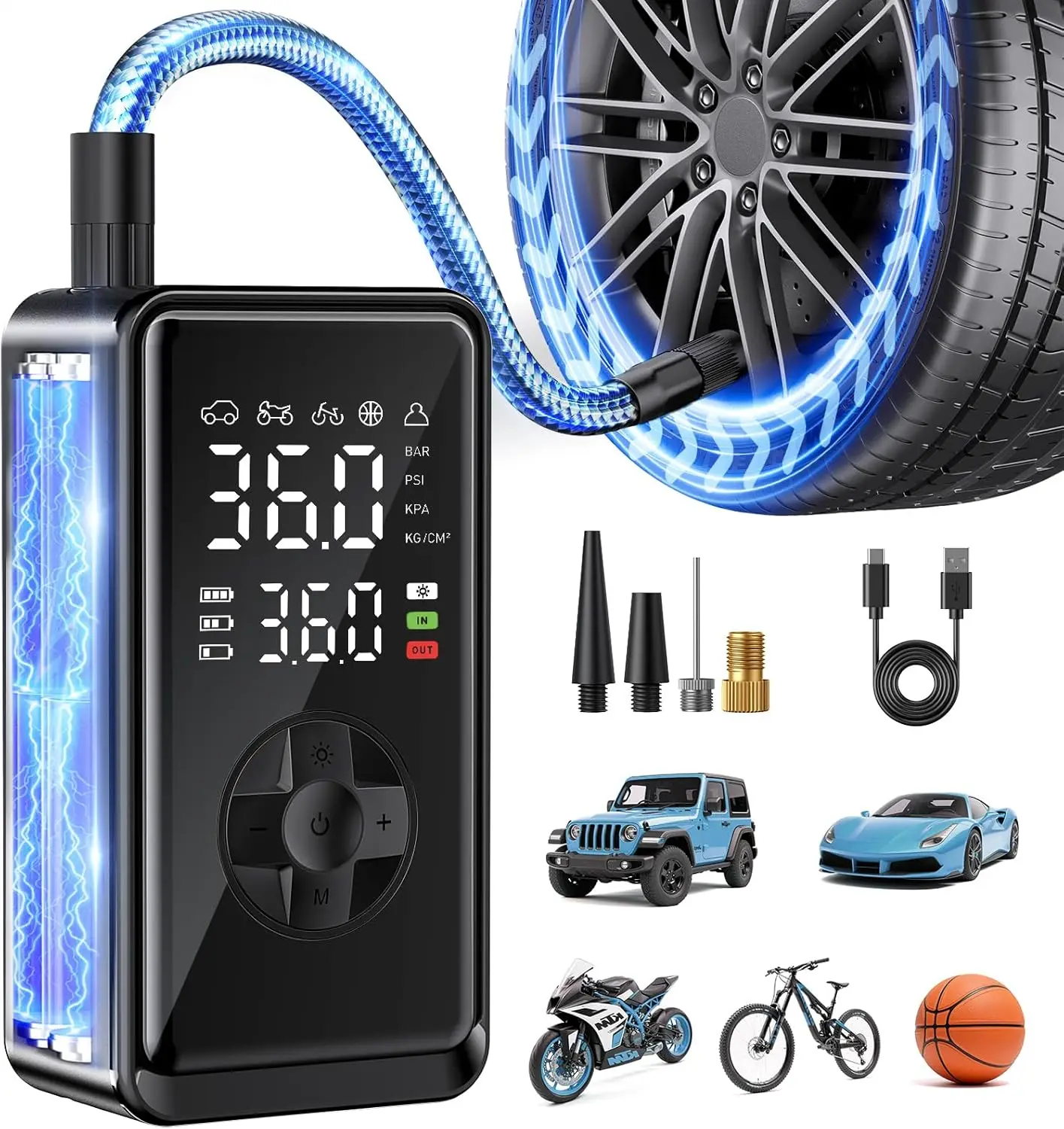 

Portable Tire Inflator with Digital Gauge, Dual LCD Air Compressor for Car, Bike, Motorcycle