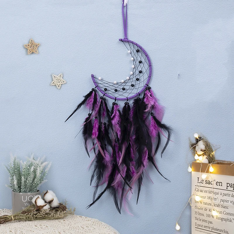 Bohemian Purple Moon Hand-woven Dream Catcher Door Hanging Feather Wind Chimes Home Decorations Wall Pendants For Festival Gifts