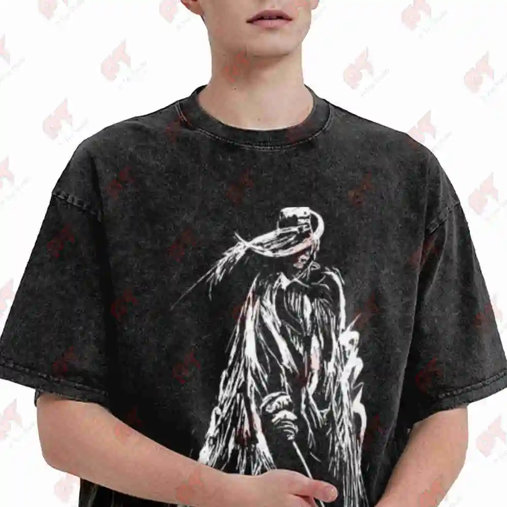 Musketeer Sword Coat Back Print Vintage Washed Tee Pure Cotton T-Shirt
