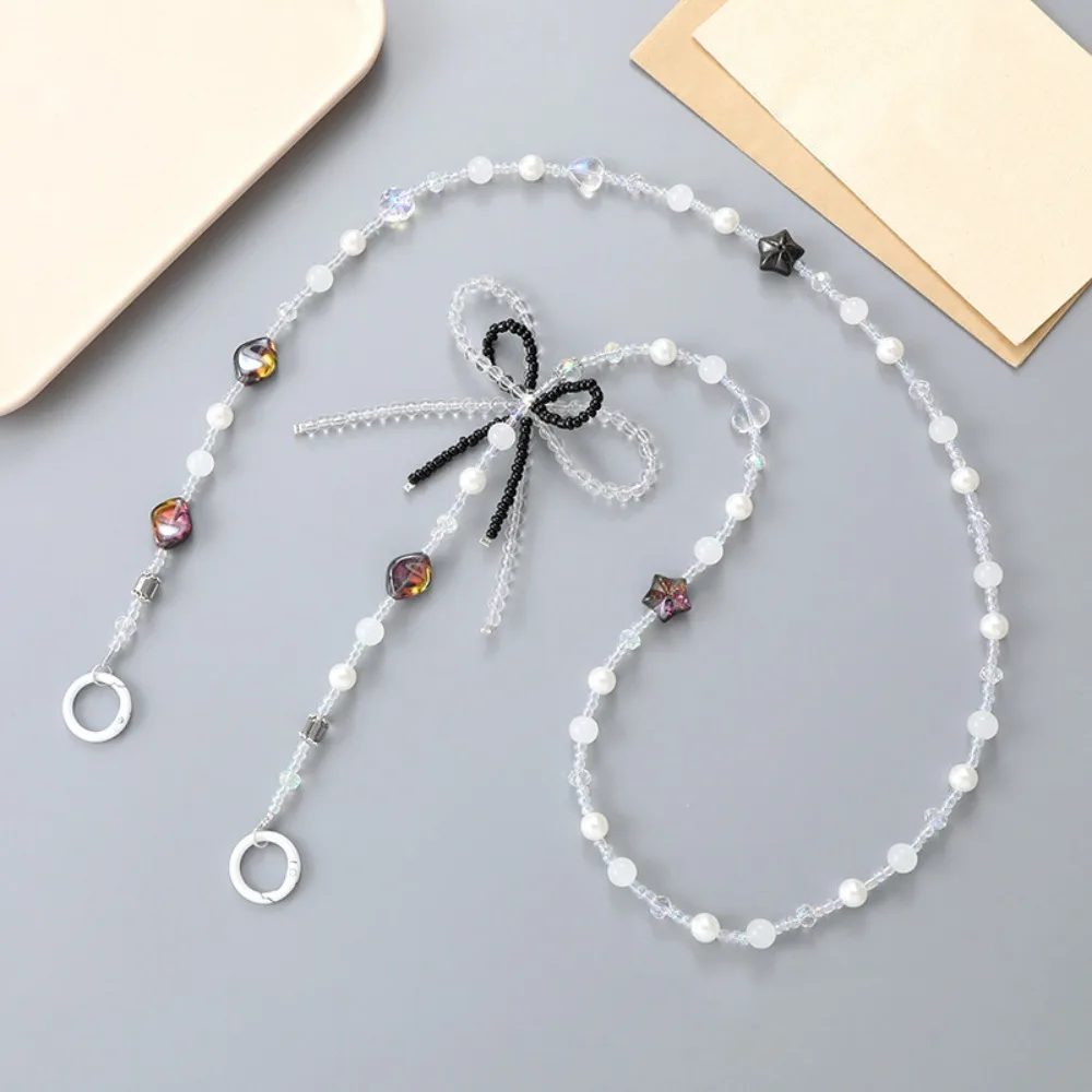 

Длинный бисерный ремешок-цепочка для телефона с жемчужными бусинами и бантом, защита от потери, для ношения через плечо