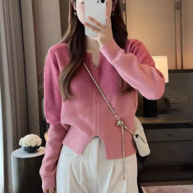 New Fashion Autumn Winter Women's Gradient Color Casual Trendy Simple Basic V-neck Long Sleeve  Knitted Sweater Pullovers Tops
