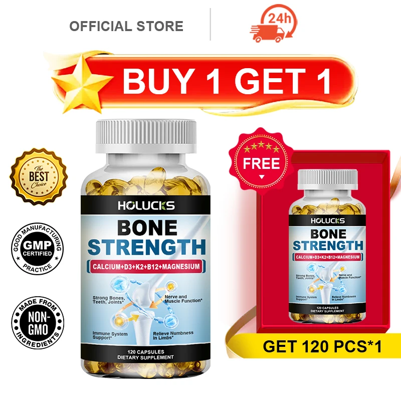 Buy 1 Get 1 Free! Calcium + Vitamin D3 & K2 Bone Supplement, Supports Bone Growth, Density, Joint Flexibility & Muscle Function