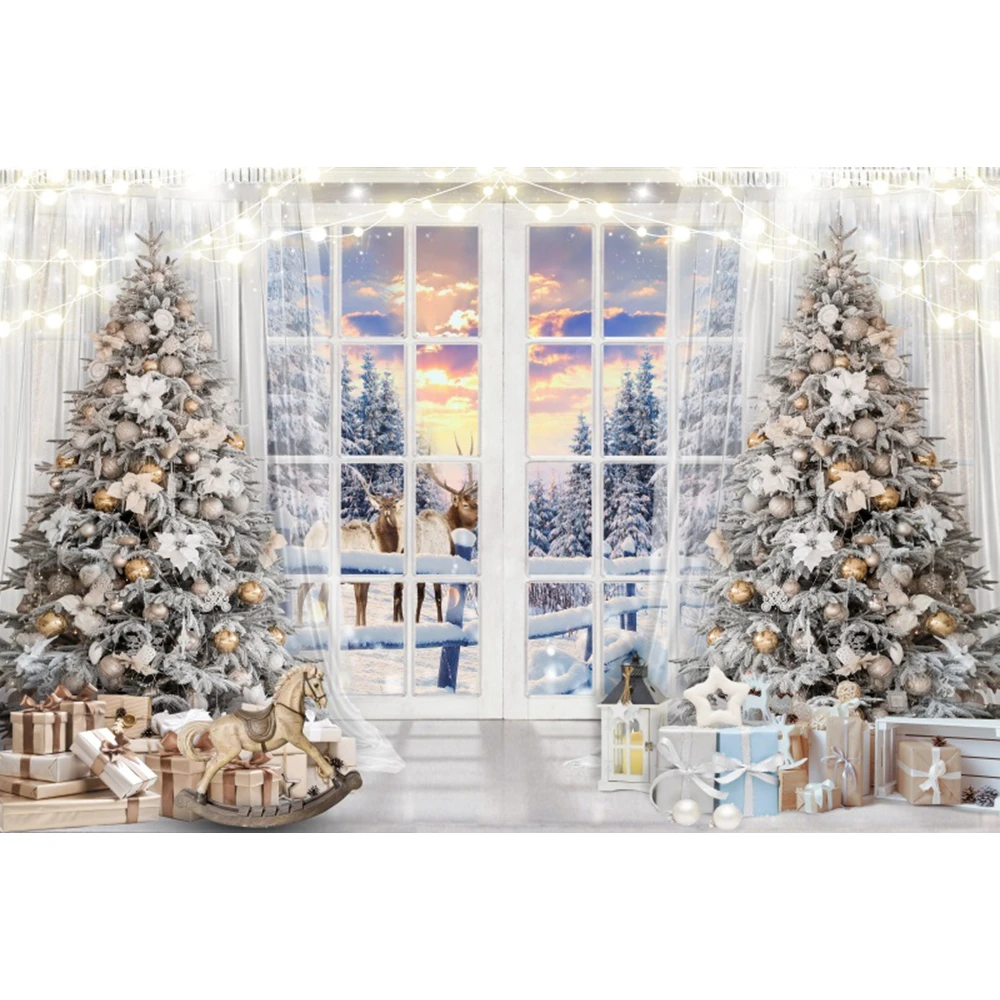 Christmas Backdrop Winter White Wood Window Snow Forest Scene Xmas Tree Fireplace Family Portrait Photography Background Decor