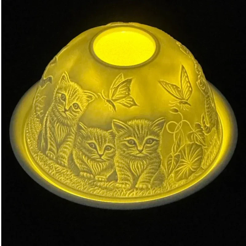Luz nocturna de cúpula de luz de té de porcelana en relieve, luz nocturna de porcelana transparente Con Gatti, candelabro, regalo de Navidad