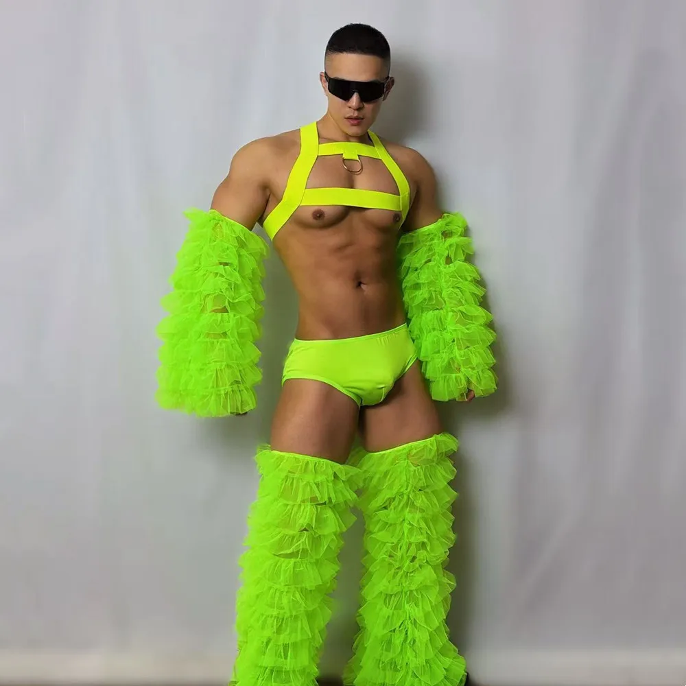 الفلورسنت الأخضر الشاش 4 قطعة مجموعة مهرجان حفلة كرنفال عرض الهذيان الزي ملهى ليلي DJ راقصة مجموعة أداء المرحلة زي